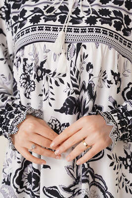 Yakası İpli Etnik Desen Elbise Siyah - Thumbnail