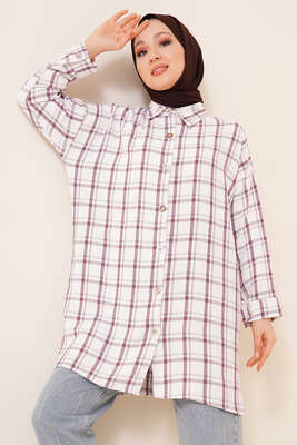 Ekose Desen Ayrobin Gömlek Lila - Thumbnail