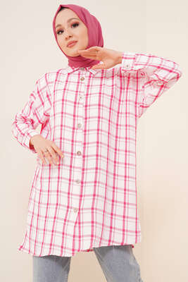 Ekose Desen Ayrobin Gömlek Fuşya - Thumbnail