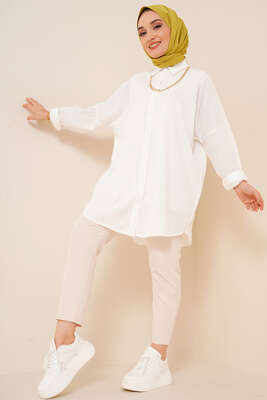 Kabartma Zikzak Desenli Gömlek Ekru - Thumbnail