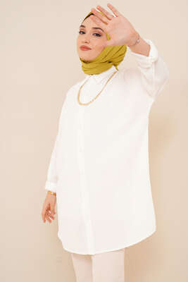 Kabartma Zikzak Desenli Gömlek Ekru - Thumbnail