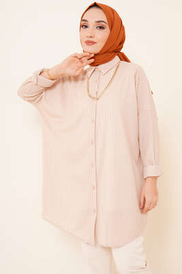 Kabartma Zikzak Desenli Gömlek Bej - Thumbnail