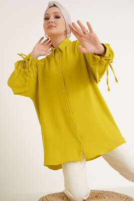 Manşetleri Bağcıklı Ayrobin Gömlek Yağ Yeşili - Thumbnail