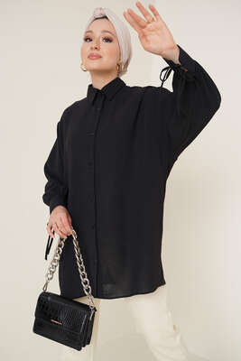 Manşetleri Bağcıklı Ayrobin Gömlek Siyah - Thumbnail