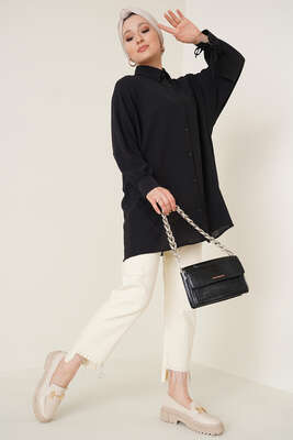 Manşetleri Bağcıklı Ayrobin Gömlek Siyah - Thumbnail