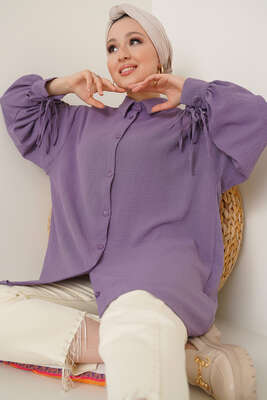 Manşetleri Bağcıklı Ayrobin Gömlek Lila - Thumbnail