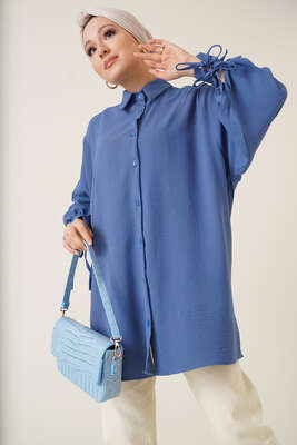 Manşetleri Bağcıklı Ayrobin Gömlek İndigo - Thumbnail