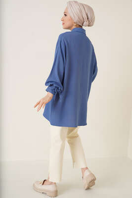 Manşetleri Bağcıklı Ayrobin Gömlek İndigo - Thumbnail