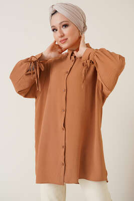Manşetleri Bağcıklı Ayrobin Gömlek Camel - Thumbnail