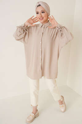 Manşetleri Bağcıklı Ayrobin Gömlek Bej - Thumbnail