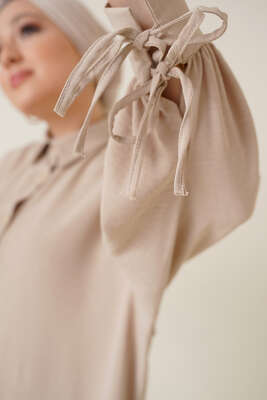 Manşetleri Bağcıklı Ayrobin Gömlek Bej - Thumbnail