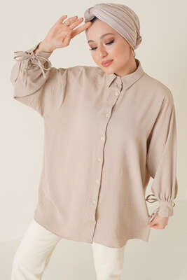 Manşetleri Bağcıklı Ayrobin Gömlek Bej - Thumbnail