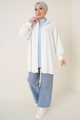 Manşetleri Bağcıklı Ayrobin Gömlek Ekru - Thumbnail