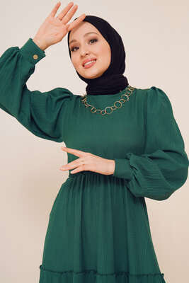 Bel Lastikli Kat Kat Lola Elbise Zümrüt Yeşili - Thumbnail