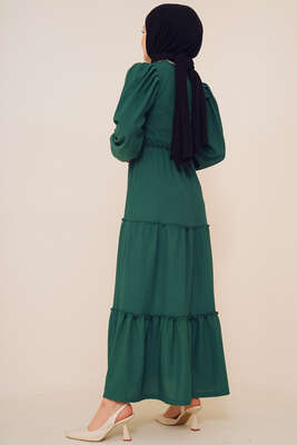 Bel Lastikli Kat Kat Lola Elbise Zümrüt Yeşili - Thumbnail