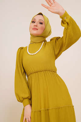 Bel Lastikli Kat Kat Lola Elbise Yağ Yeşili - Thumbnail