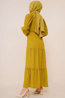 Bel Lastikli Kat Kat Lola Elbise Yağ Yeşili - Thumbnail