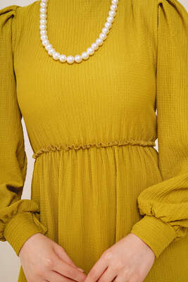 Bel Lastikli Kat Kat Lola Elbise Yağ Yeşili - Thumbnail