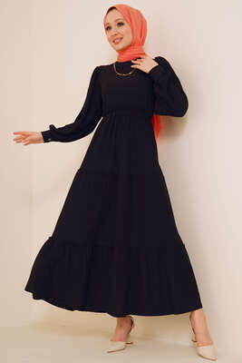 Bel Lastikli Kat Kat Lola Elbise Siyah - Thumbnail