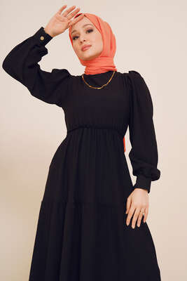 Bel Lastikli Kat Kat Lola Elbise Siyah - Thumbnail