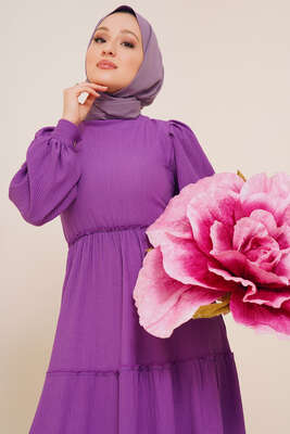 Bel Lastikli Kat Kat Lola Elbise Menekşe - Thumbnail