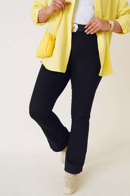 İspanyol Paça Büyük Beden Jean Pantolon Siyah - Thumbnail