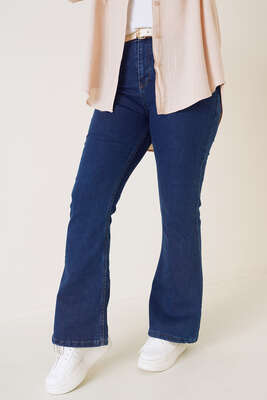 İspanyol Paça Büyük Beden Jean Pantolon Koyu Mavi - Thumbnail