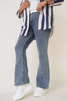 İspanyol Paça Büyük Beden Jean Pantolon Kar Orta - Thumbnail