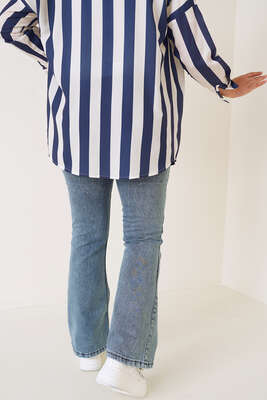 İspanyol Paça Büyük Beden Jean Pantolon Kar Orta - Thumbnail