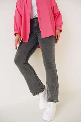 İspanyol Paça Büyük Beden Jean Pantolon Gri - Thumbnail