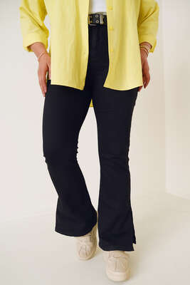 İspanyol Paça Yırtmaçlı Büyük Beden Jean Pantolon Siyah - Thumbnail