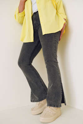 İspanyol Paça Yırtmaçlı Büyük Beden Jean Pantolon Gri - Thumbnail