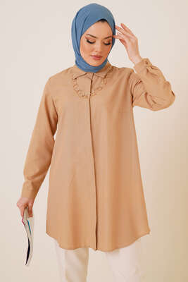 Pazarium - Klasik Yakalı Oval Kesim Toprak Gömlek