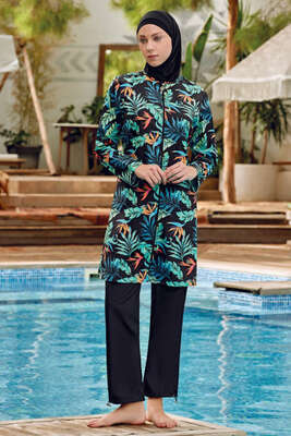 Fermuarlı Yaprak Desenli Tesettür Mayo Siyah - Thumbnail