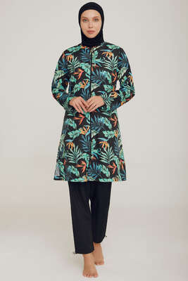 Fermuarlı Yaprak Desenli Tesettür Mayo Siyah - Thumbnail