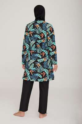 Fermuarlı Yaprak Desenli Tesettür Mayo Siyah - Thumbnail