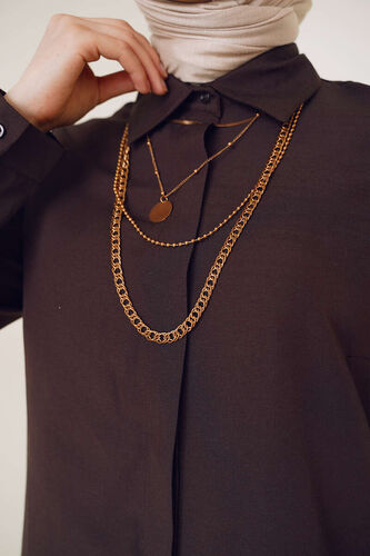 Uzun Model Klasik Yaka Kahve Tunik - Thumbnail