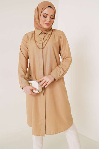 Pazarium - Uzun Model Klasik Yaka Latte Tunik