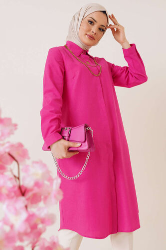 Uzun Model Klasik Yaka Fuşya Tunik - Thumbnail