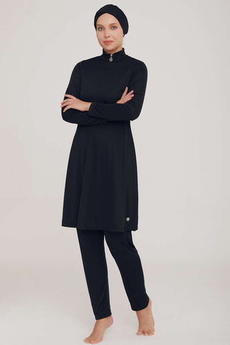 Yarım Fermuarlı Düz Tesettür Mayo Siyah - Thumbnail