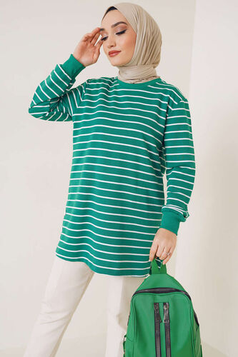 Yırtmaç Düğme Detaylı Çizgili Tunik Yeşil - Thumbnail