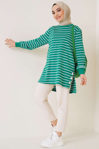 Yırtmaç Düğme Detaylı Çizgili Tunik Yeşil - Thumbnail