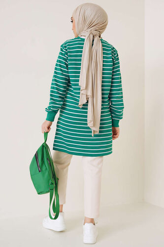 Yırtmaç Düğme Detaylı Çizgili Tunik Yeşil - Thumbnail