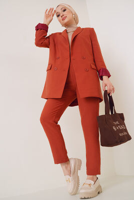 Keten Pantolon Ceket İkili Takım Kiremit - Thumbnail