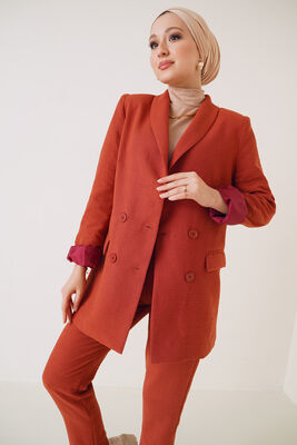 Keten Pantolon Ceket İkili Takım Kiremit - Thumbnail