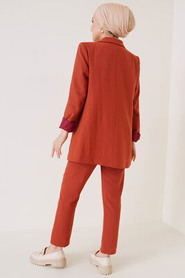 Keten Pantolon Ceket İkili Takım Kiremit - Thumbnail