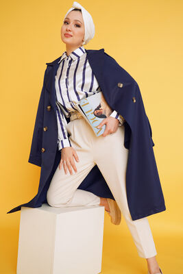 Üç Düğmeli Kruvaze Yaka Lacivert Trençkot - Thumbnail