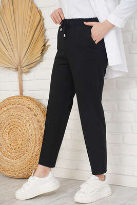 Pazarium - İp Detaylı Beli Lastikli Dar Paça Siyah Pantolon