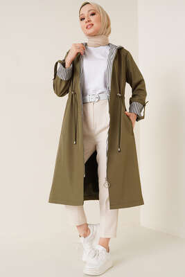 Bileği Çizgili Kapüşonlu Haki Trençkot - Thumbnail