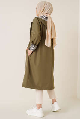 Bileği Çizgili Kapüşonlu Haki Trençkot - Thumbnail